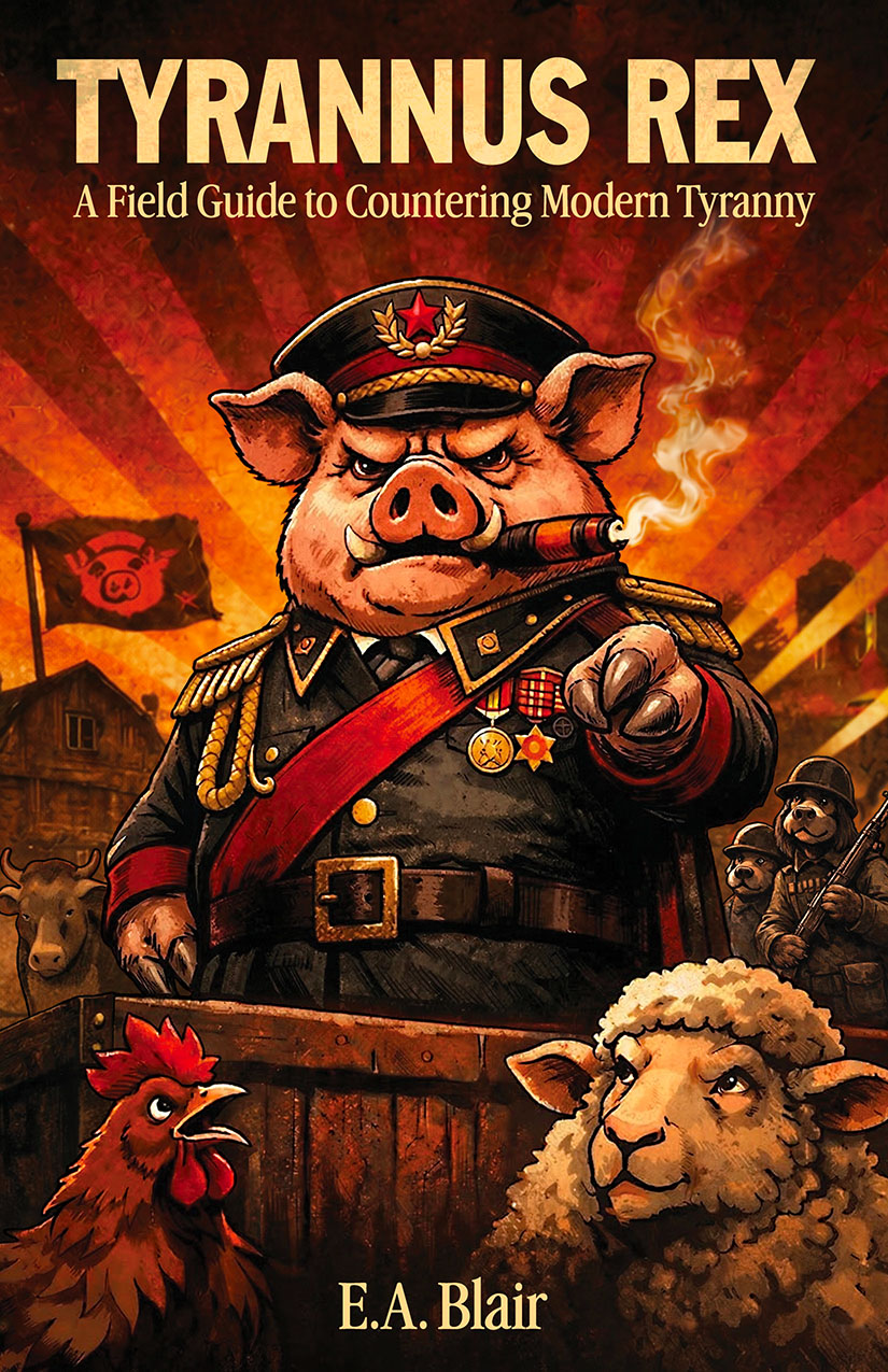 Book cover: Tyrannus Rex — A Field Guide to Countering Modern Tyranny by E.A. Blair. The cover features a painterly comic book-style image featuring a pig wearing a medal-festooned military uniform and smoking a cigar. A rooster and a sheep are nearby.